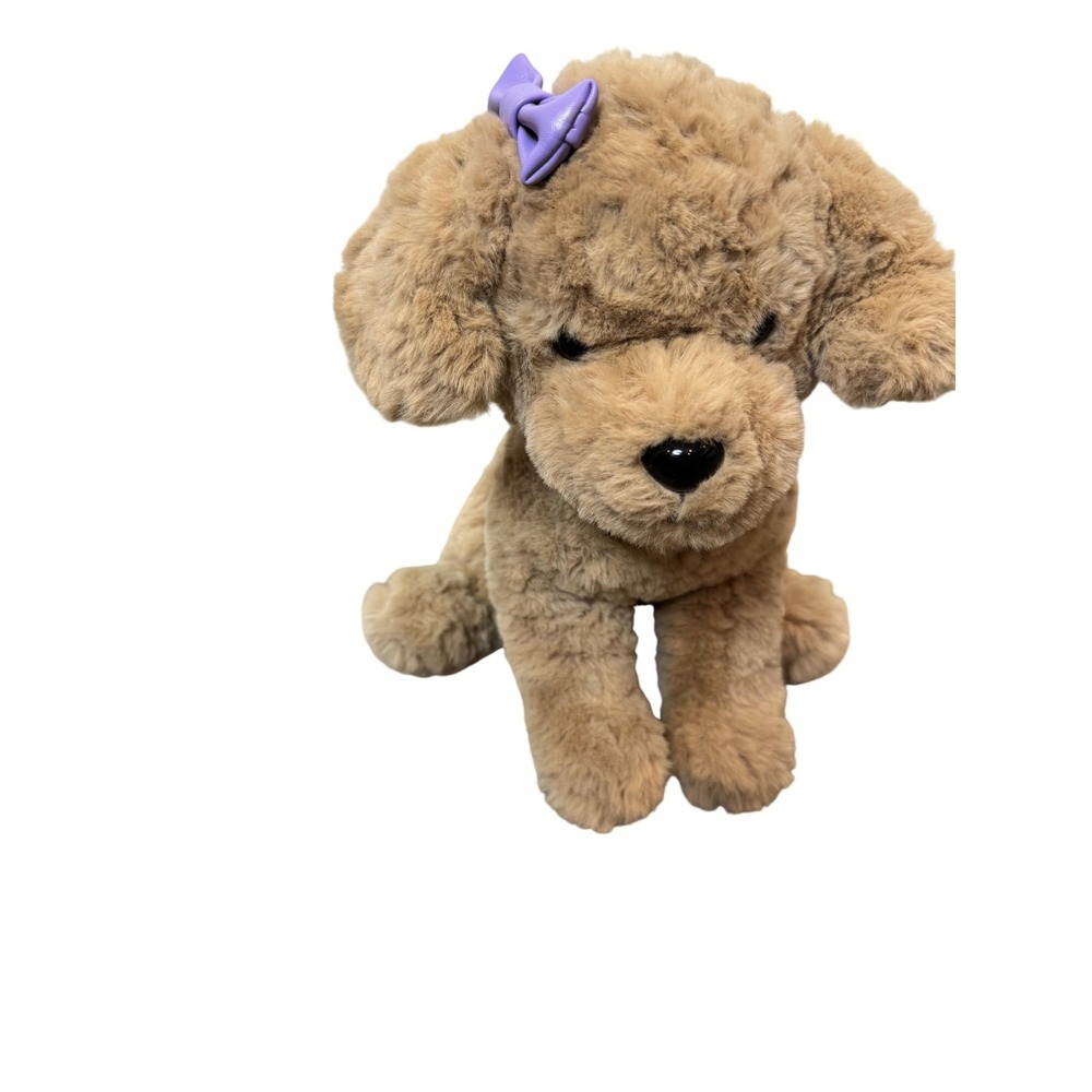 FAO Schwarz Tan Puppy Dog‎ Plush Stuffed Animal Small Purple Bow Soft Toy Cuddly